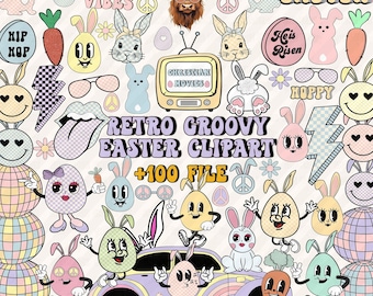 Retro Groovy Easter Clipart Bundle (PNG Files)