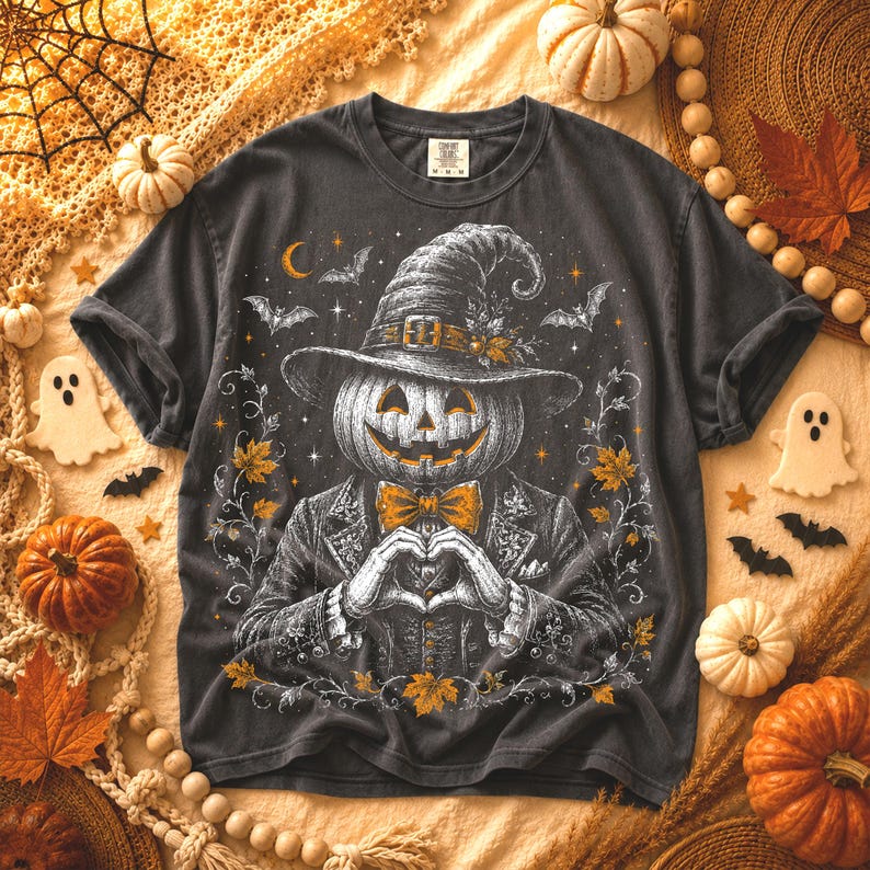 May include: A charcoal gray t-shirt featuring a graphic illustration of a pumpkin-headed figure wearing a witch hat and a suit with a bow tie. The figure is making a heart shape with its hands, surrounded by bats, stars, and autumn leaves.