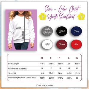 May include: Size chart for youth sweatshirts in sizes XS to XL. The chart shows measurements for body length, chest width, sleeve length, and corresponding US sizes.  Colors available include Heather Dark Grey, Black, Navy, White, Maroon, and Red.