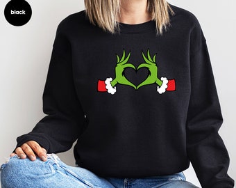 Grinch Hands Heart Christmas Sweatshirt, Merry Christmas Gifts, Cozy Holiday Sweatshirt, Unique Holiday Apparel Hoodies and Sweaters, Gifts