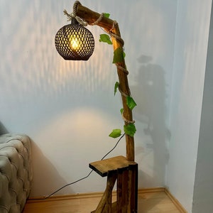 Tree Floor Lamp -Wooden Floor Lamp ,Rustic Floor Lamp , Tree Floor Lamp with Bookshelf , Handmade Light for Living Room or Bedroom,Home Gift