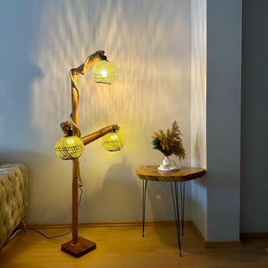 Rustic 3-Arm Wooden Floor Lamp – Handcrafted Pine Lighting – Boho Home Decor - Rustic Floor Lamp - 140/180cm Floor Lamp - Mother&#39;s Day Gift