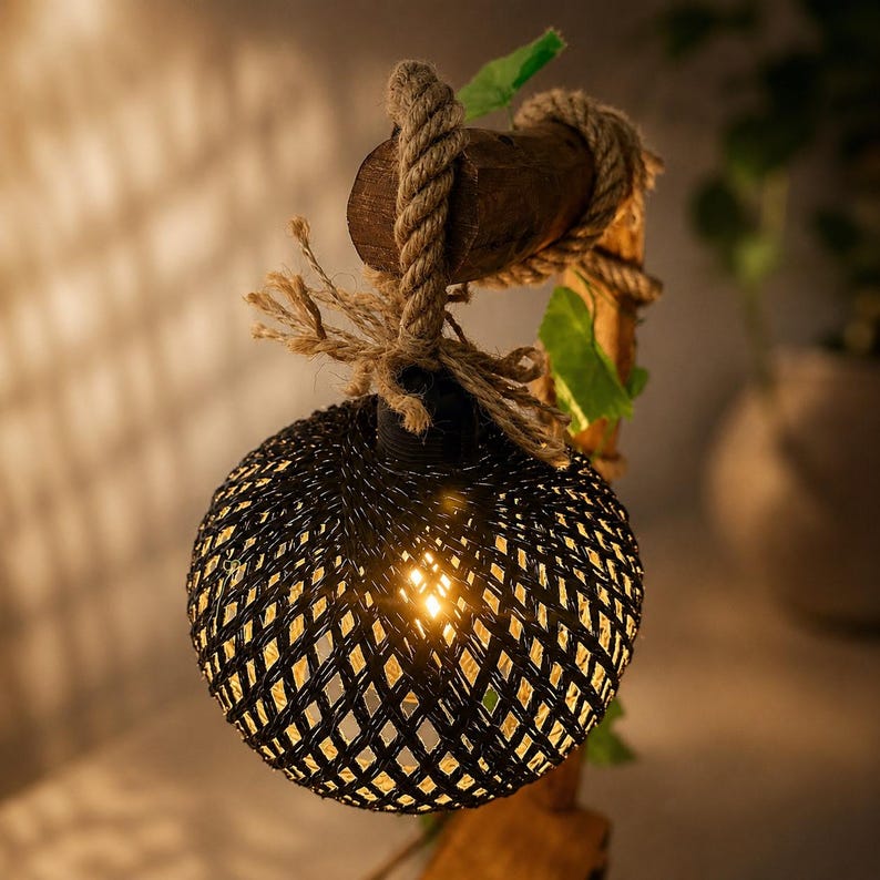 Rustieke boom houten vloerlamp met plank, handgemaakte verlichting (140-150 cm) afbeelding 4