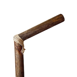 May include: A wooden walking stick with a brown finish and a knotted rope detail at the top.