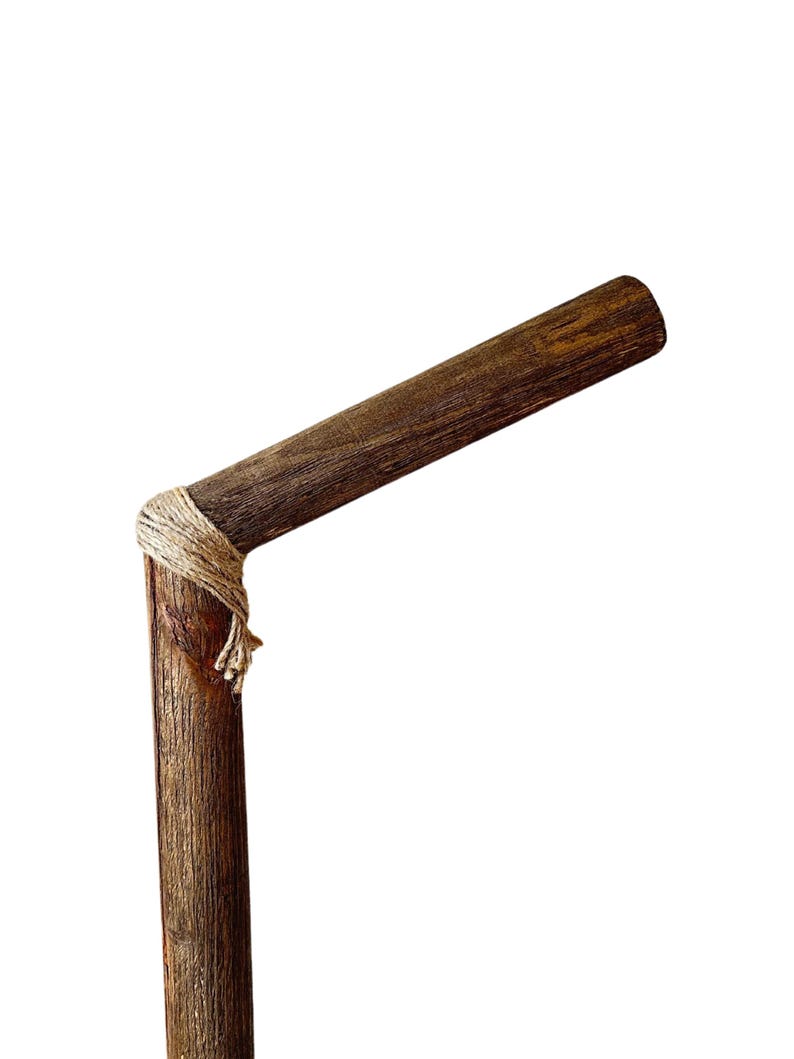 May include: A wooden walking stick with a brown finish and a knotted rope detail at the top.