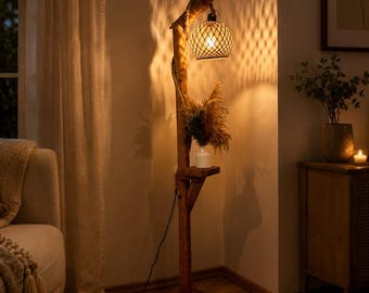 Rustic Wooden Floor Lamp, Standing Lighting, Handmade Floor Lamp, Floor Lamp with Shelves, Living Room Lighting  (140cm 55'' Tall)