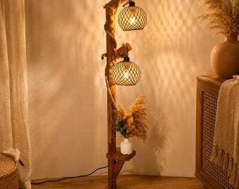 Handmade Rustic Wood Floor Lamp with Shelf, Boho Farmhouse Decor