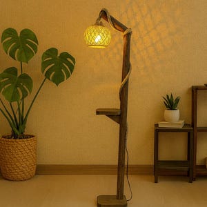 Rustic Wooden Floor Lamp with Rattan Shade – Handmade Shelf Lamp image 2