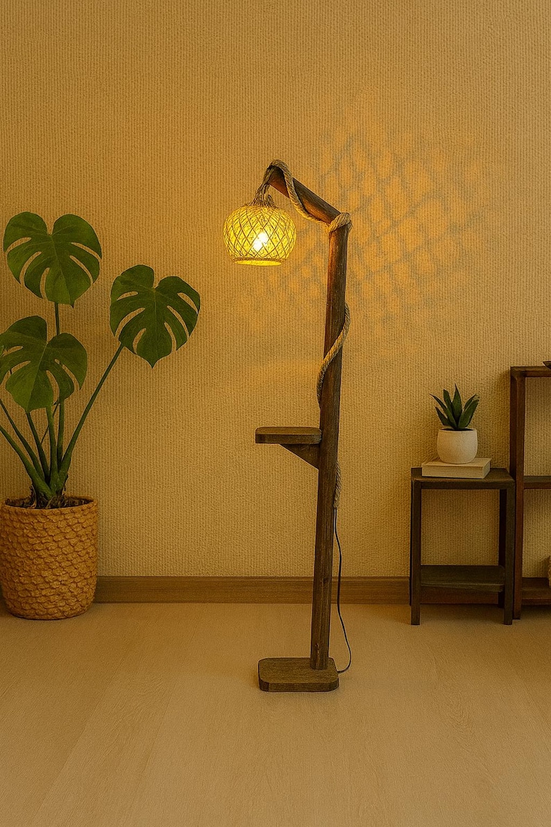 Rustic Wooden Floor Lamp with Rattan Shade – Handmade Shelf Lamp image 2