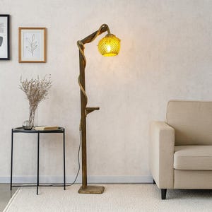 Rustic Wooden Floor Lamp with Rattan Shade – Handmade Shelf Lamp image 5