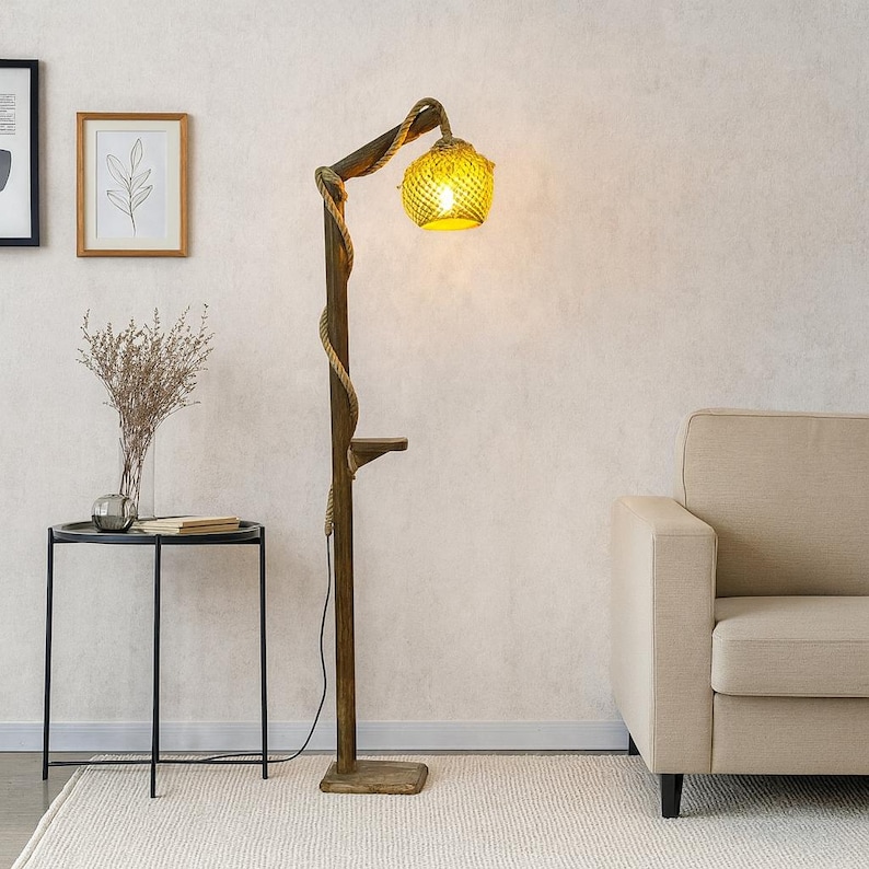 Rustic Wooden Floor Lamp with Rattan Shade – Handmade Shelf Lamp image 5