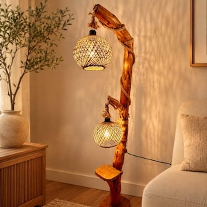Può includere: Una lampada da terra realizzata con un ramo di legno naturale curvo, dotata di due paralumi sferici in rattan intrecciato sospesi da una corda spessa. La lampada include un piccolo ripiano in legno fissato al ramo centrale e una base circolare.