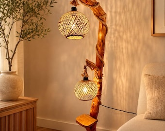 Wooden Floor Lamp, Handmade Natural Wooden Tree Floor Lamp, Rustic Living Room Decor,