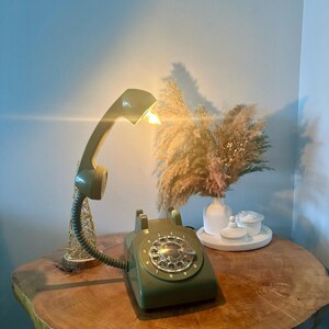 May include: A green rotary phone with a white dial and a light bulb in the receiver. The phone is on a wooden table with a vase of dried flowers and a white ceramic object.