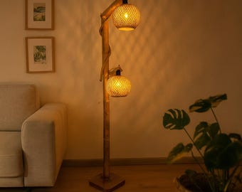 Wood Floor Lamp – Double Rattan Globe Shades, Boho Decor Standin Lamp, Living Room Lamp, Rusctic Handmade Lamp, Home Decor Lamp(180cm/70.8”)