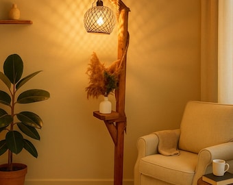 Handmade Rustic Wood Floor Lamp - With Shelves , Natural Home Decor (140 cm)