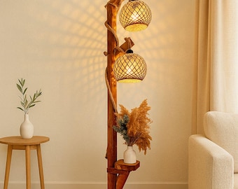 Wooden Floor Lamp ,Handmade Rustic Natural Wood Floor Lamp, Boho Home Lighting, Decorative Standing Lighting (140cm-55'' Tall), Woven Shades