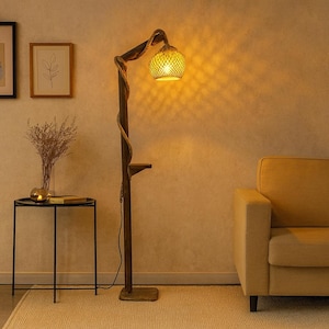 Rustic Wooden Floor Lamp with Rattan Shade – Handmade Shelf Lamp image 1
