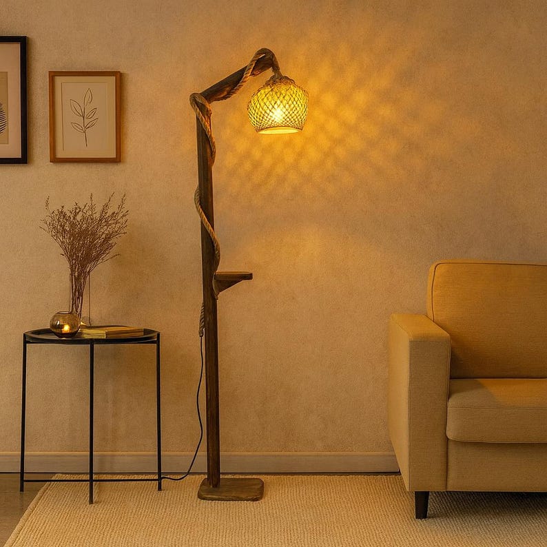 Rustic Wooden Floor Lamp with Rattan Shade – Handmade Shelf Lamp image 1