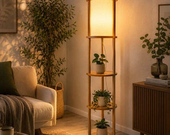 Massivholz Stehlampe mit Regalen, Leinenschirm, E27 Stehleuchte, Boho Schlafzimmer Dekor