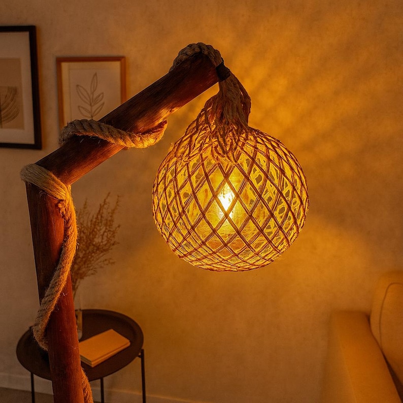 Rustic Wooden Floor Lamp with Rattan Shade – Handmade Shelf Lamp image 3