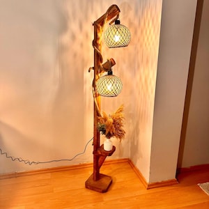 Wooden Floor Lamp , Rustic Floor Lamp , Boho Home Decor , Tree Floor Lamp , Unique Corner Floor Lamp , Natural Wood , Handmade Floor Lamp ,