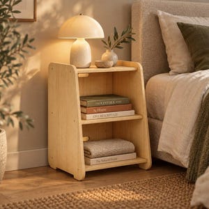Op de afbeelding: Een lichtgekleurd houten nachtkastje met twee open planken. Het bovenoppervlak bevat een paddenstoelvormige lamp, een klein kommetje en een vaas. De planken bevatten gestapelde boeken met de titels The Kinfolk Home, At Home, Live Beautifully en The Natural Home, samen met een gevouwen beige textiel.