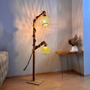Rustic Pine Wood Floor Lamp: Boho Tree Design (140cm & 180cm)