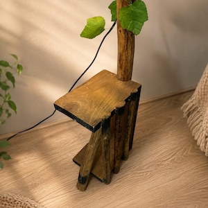 Rustieke boom houten vloerlamp met plank, handgemaakte verlichting (140-150 cm) afbeelding 3