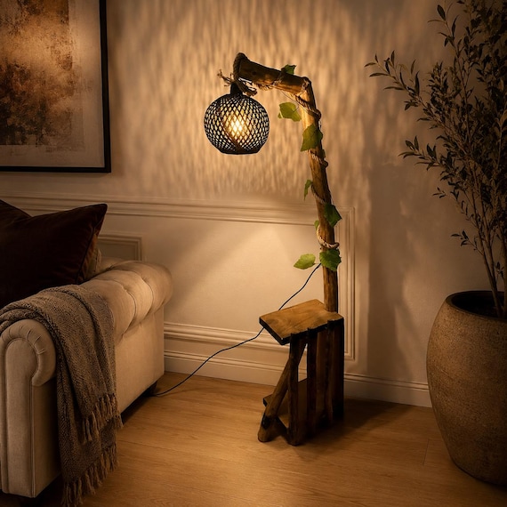 Rustic Tree Floor Lamp , Wood Floor Lamp , Handcrafted Wooden Shelf Lamp , Standing Lamp , Living Room Lighting (140-150cm 55'')