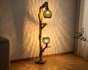 Handmade Pine Wood Floor Lamp, Organic Driftwood Lighting, Boho Shelf Lamp