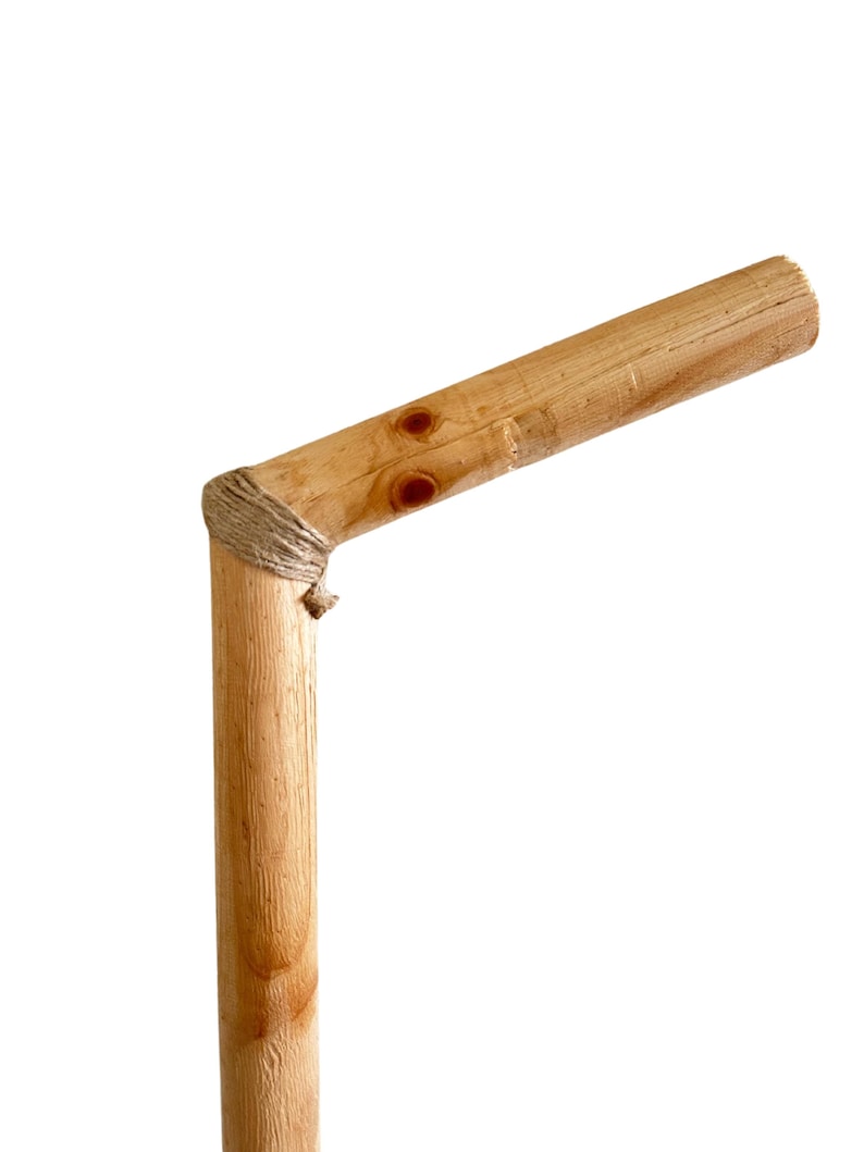 May include: A wooden walking stick with a natural finish and a knotted rope handle.