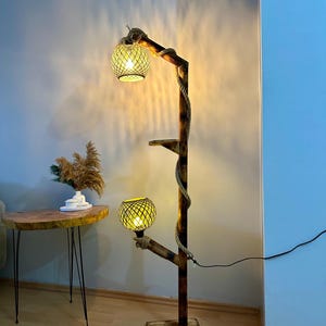 Handmade Rustic Pine Floor Lamp with Shelf - Boho Wooden Design