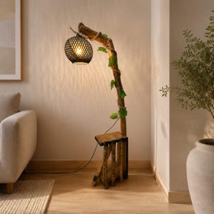 Rustieke boom houten vloerlamp met plank, handgemaakte verlichting (140-150 cm) afbeelding 6