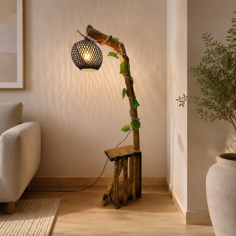 Rustieke boom houten vloerlamp met plank, handgemaakte verlichting (140-150 cm) afbeelding 6