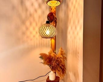 Handmade Rustic Wood Floor Lamp with Shelf, Boho Decor