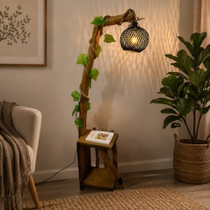 Rustieke boom houten vloerlamp met plank, handgemaakte verlichting (140-150 cm) afbeelding 5