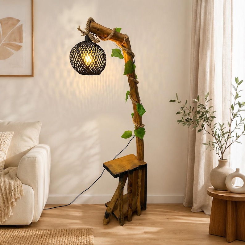Rustieke boom houten vloerlamp met plank, handgemaakte verlichting (140-150 cm) afbeelding 2