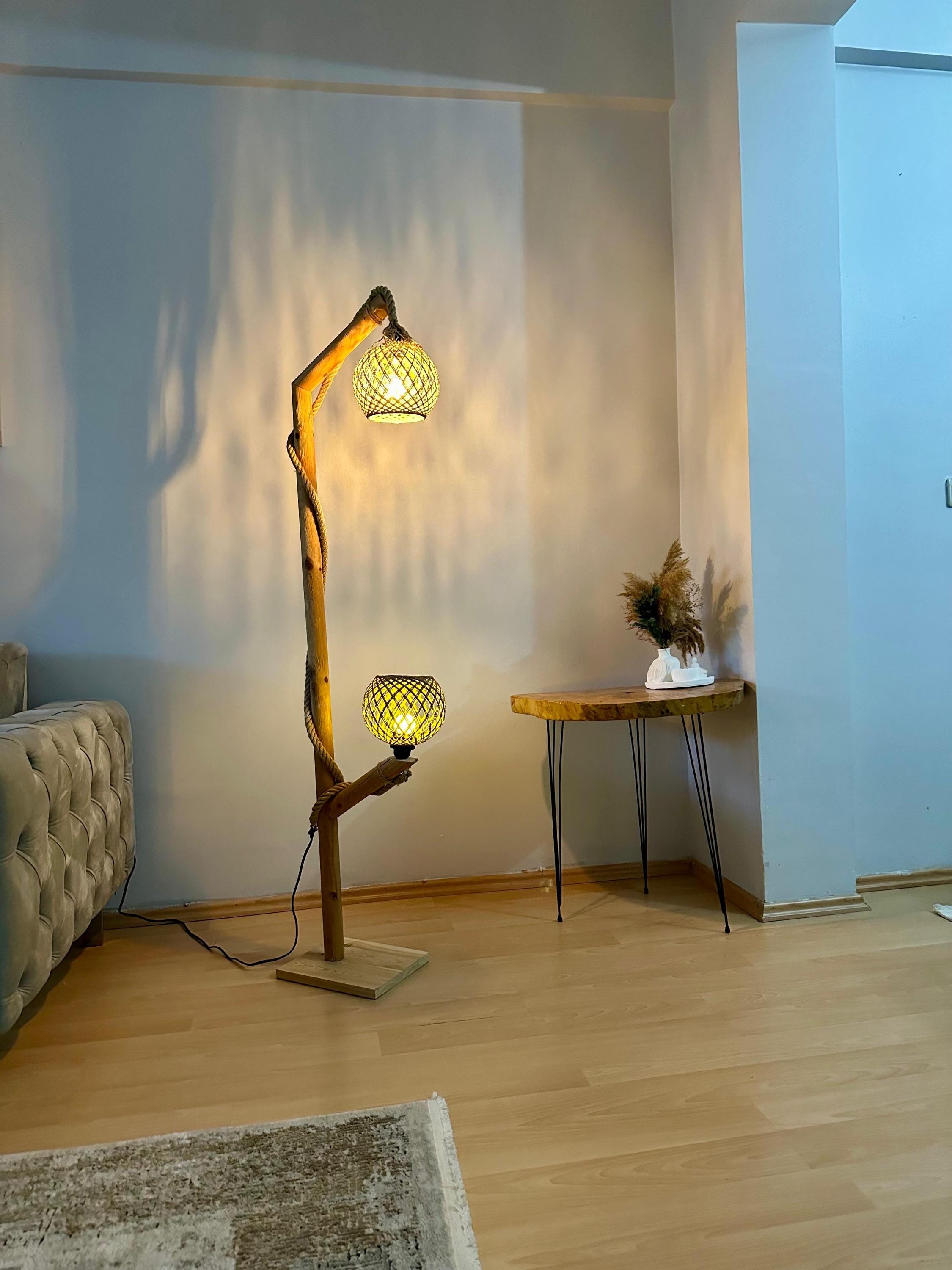 Rustic Wooden Floor Lamp, Handmade Tree Lamp, Boho Corner Light, Pine ...