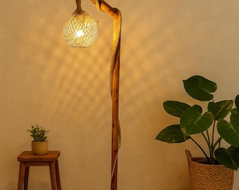Rustic Wooden Floor Lamp – Handmade Pine Boho Corner Light