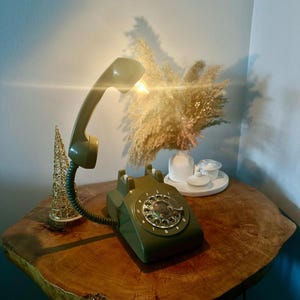 May include: A green rotary phone with a white dial and a green handset. The phone is on a wooden table with a dried flower arrangement in the background.