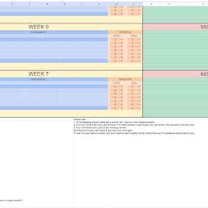 May include: A digital planner template with sections for weekly assignments, goals, and a 'missings' column. The planner is divided into weeks, with days of the week listed. Instructions for use are included at the bottom.