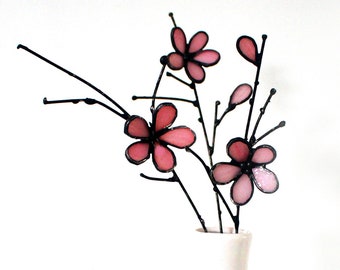 Stained Glass Cherry Blossom Branch, Japandi Style Flower Stem