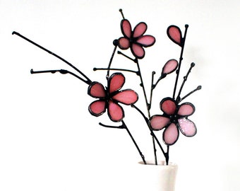 Stained Glass Japanese Cherry Blossom Branches Sakura Branches Flowers on a stem for Valentine's Day Flower Bouquet Plant Stake Trending