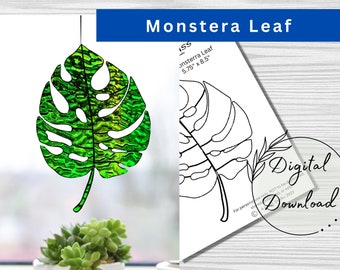 Stained Glass Monstera Leaf Pattern, PDF Instant Download, Hobby License, Beginner Pattern, Print at Home, Glass Patterns, DIY stained glass