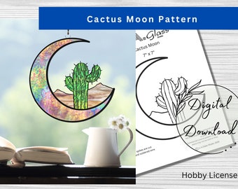 Stained Glass Cactus Moon Pattern, PDF Instant Download, Desert Moon, Hobby License, All skills, Beginner Pattern, Print at Home, Home Decor