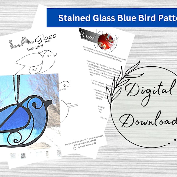 Stained Glass Bluebird Suncatcher Pattern - Instant Download PDF, Suncatcher Pattern, Bird Art, Glass Art, DIY glass art,  window art