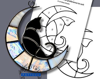 Black Cat on Crescent Moon Stained Glass Pattern PDF | Cat on Moon Suncatcher | Beginner Tiffany Style Digital Download