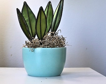 Stained Glass Snake Plant – Handmade Teal Pot Plant Decor