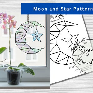 Stained Glass Moon and Star Suncatcher Mobile Pattern for Download, Moon Lovers, Print at Home, Minimalist Stained Glass Pattern, Celestial